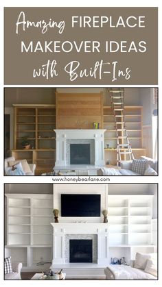 fireplace makeover ideas with built - in bookshelves and ladders for the mantel