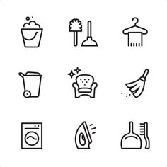 black and white cleaning icons on a white background