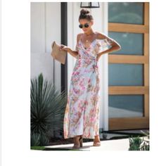 New, Never Been Worn. Size Medium. Light Blue Background, With Colorful Floral Pattern. Light And Flowy. Feminine Maxi Dress For Brunch During Beach Season, Feminine Maxi Dress For Beach Season Brunch, Chic Floral Spring Beach Dress, Summer Floral Maxi Dress For Brunch, Silhouette Ornaments, Blue Halter Dress, Eyelet Maxi Dress, Cold Shoulder Maxi Dress, Long Slip Dress