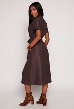 Shirt Dress, Mid Length Dress, Short Sleeves, Shirt Collar, Tie Waist Belt, Solid, Item Number 3410056375401 Brown Tie, Button Down Shirt Dress, Womens Tie, Mid Length Dresses, Waist Belt, Shirt Collar, Mid Length, Button Downs, Down Shirt