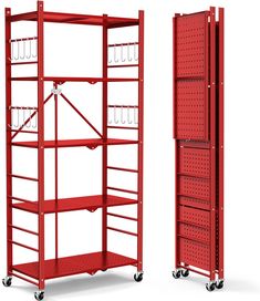 a red metal shelf with two shelves on each side