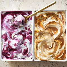 two different types of ice cream in trays with spoons next to each other