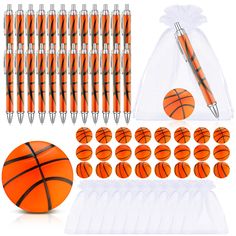 an assortment of orange and black basketballs, markers, pens and bags are shown