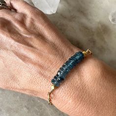 by Robindira Unsworth Handmade at our design studio in California 14k gold vermeil Blue quartz Length: 7" - 7.5" Style No. B599-G-BQZ Blue Quartz, Quartz Bracelet, Gold Vermeil, Design Studio, California, Bracelet, Gold, Blue, Design