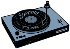 an old record player with the words support on it's side, in black and blue