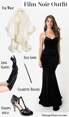 Black Dress Costume, Film Noir Dress, Black Dress Halloween Costume, Dress With Gloves, Fur Dress, Costume Noir, Interesting Outfits