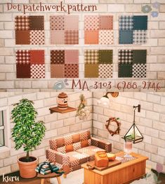 a living room filled with lots of furniture next to a brick wall and potted plant