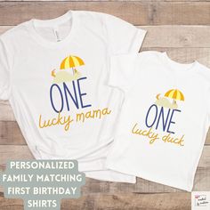 Our One Lucky Duck Birthday Party collection is available in a range of sizes, ensuring a perfect fit for your little one and the entire family. From a toddler tee for the birthday star to matching adult sizes, everyone can join in the fun! Make sure your little one's first birthday party is memorable! Our unique and eye-catching shirts are crafted using the latest DTG (Direct-to-Garment) technology, ensuring high-quality prints that capture every detail of our designs. While we take immense car Custom Printed T-shirt For First Birthday In Summer, Number Print T-shirt For Summer, Fun White Shirt For First Birthday, Family Matching T-shirt For First Birthday And Father's Day, Custom Print Summer Tops For First Birthday, Yellow Tops For Summer Birthday, Playful Custom Print T-shirt For First Birthday, Short Sleeve Shirt For First Birthday In Summer, Graphic Print Shirt For First Birthday In Summer