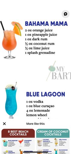 an info sheet with different types of drinks on it, including orange juice and blue lagoon