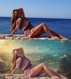 two photos of a woman in swimsuits sitting on rocks near the ocean and one has her hands behind her head