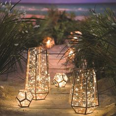 some lights that are sitting on the ground in front of grass and plants with water behind them