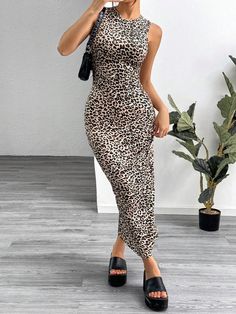 Leopard Print Knitted Sleeveless Bodycon Dress For Women Multicolor Casual  Sleeveless Knitted Fabric Leopard Print,Textured Pattern Tank High Stretch  Women Clothing, size features are:Bust: ,Length: ,Sleeve Length: Black Non-stretch Sleeveless Bodycon Dress, Black Sleeveless Non-stretch Bodycon Dress, Casual Halter Neck Sleeveless Bodycon Dress, Casual Halter Neck Bodycon Sleeveless Dress, Leopard Print Skirt, Sleeveless Bodycon Dress, Women Long Dresses, Kids Beachwear, Womens Midi Dresses