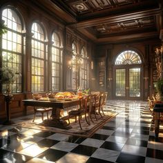 a large dining room with checkered flooring and arched windows on either side of the table