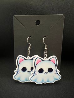 Handcrafted pair of adorable and lightweight earrings. Made of acrylic pendant, stainless steel earring hooks with silicone earring stoppers included. Ghost Kitty, Acrylic Pendant, Halloween Earrings, Lightweight Earrings, Cat Earrings, Earring Hooks, Acrylic Earrings, Light Weight Earrings, Stainless Steel Earrings