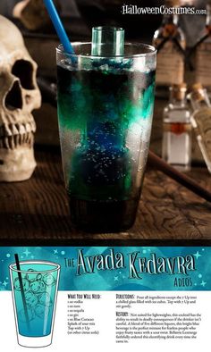 an advertisement for the blue liquid in a glass next to a skull on a table