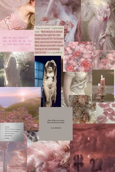 a collage of images with pink flowers and swans in the background, including an image of a woman holding a baby