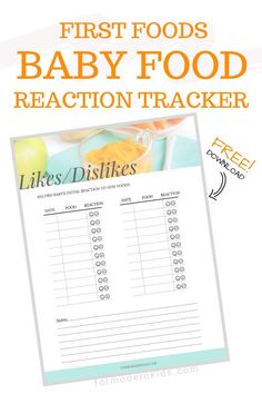 the baby food reaction tracker with text overlay that reads, first foods baby food reaction tracker