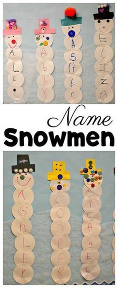 snowmen made out of paper plates with the words name and number written on them