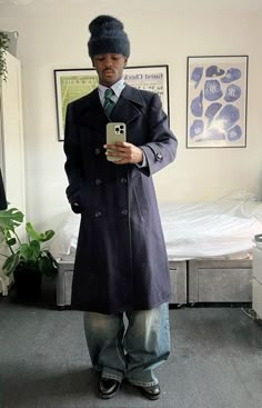 Trench Coat Streetwear, Blue Trench Coat Outfit Men, Streetwear Formal For Men, Men’s Trench Coat Styling, Men’s Trench Coat, Baggy Business Casual, Navy Jacket Outfit Men, Navy Blue Outfit Men, Men Trench Coat Outfit