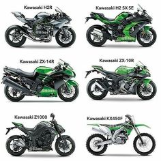 four different kawasaki motorcycles are shown in this image, each with the same color scheme