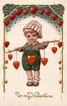 an old valentine card with a little boy holding a stick