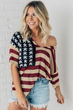 American Flag Loose Fit Sweater Loose Fit Sweater, Stars And Stripes, Long Length, American Flag, Off The Shoulder, Scoop Neck, Loose Fitting, Casual Outfits, Flag