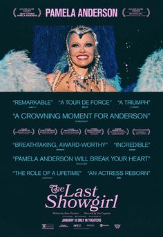 the last showgirl movie poster with an image of a woman in costume and feathers