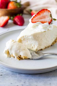 a slice of cheesecake with whipped cream and strawberries