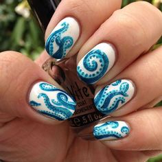 these #octopus nails are killer!! love the glittery blue Octopus Nails, White Nail, Funky Nails, Nail Art Inspiration, Fancy Nails