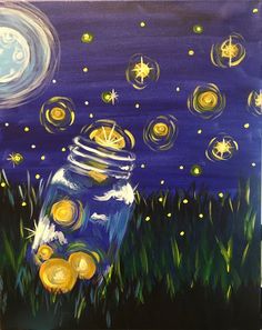 an acrylic painting of a mason jar with stars and moon in the sky