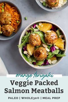 two bowls filled with veggie packed salmon meatballs next to a bowl of salad