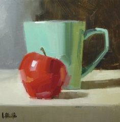 a painting of an apple next to a cup