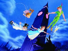 peter pan and friends flying around the tower in disney's peter pan movie poster