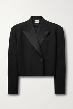 Khaite's cropped 'Raymond' blazer is inspired by classic tuxedo styles but reimagined in an oversized, boxy silhouette. It's made from crepe and has wide satin peak lapels, padded shoulders and knuckle-grazing sleeves. Take cues from the runway and style yours fully buttoned over a sweater dress. Cropped Tuxedo Jacket, Tuxedo Styles, Classic Tuxedo, 2025 Wedding, Crepe Blazer, Fashion Suits For Men, Wedding Suit, Tuxedo Jacket, Black Blazers