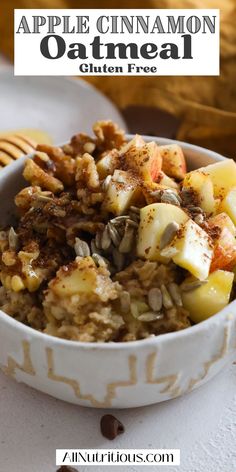 an apple cinnamon oatmeal is in a bowl