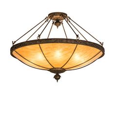 a light fixture hanging from the ceiling in an old fashion style with gold glass shades