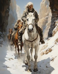 two men are riding horses through the snow covered mountain pass, while another man is walking behind them