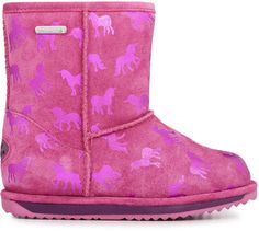 Pairing an all-over  high-shine  foil unicorn print with waterproof suede and warm wool linings  the kids' EMU Australia Rainbow Unicorn Brumby snow boots are fun and comfy on a cold winter day. Waterproof Suede Boots, Kids Winter Boots, Emu Australia, Pink Snow, Unicorn Print, Pink Unicorn, Deep Pink, Bearpaw Boots, Rainbow Unicorn