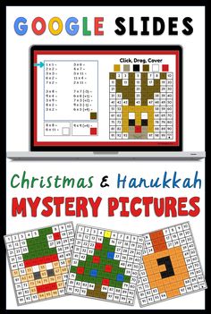 christmas and hanukkah mystery pictures on a laptop screen with the text google slides