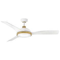 a white ceiling fan with a light on the top and two blades attached to it