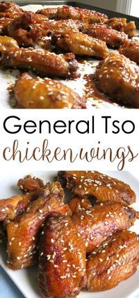 some chicken wings with sesame seeds on them and the words general tso chicken wings