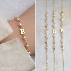 Initial pearl bracelet DE T A I L S  ✦ available in gold and silver ✦ initial height: 7mm ✦ chain: flat cable ✦pearls: 4mm Swarovski pearls (3 pearls on each side)       L E N G T H  choose the length you need from the drop down menu ✦ comes with 0.5" chain extender M A T E R I A L ✦ silver: 925 solid sterling silver ✦ gold: chain and findings 14K gold filled, initial gold vermeil over sterling silver ✦ pearls: Swarovski pearls   N O T E S 📌 19bis wants to make sure every customer is satisfied Elegant White Name Bracelet For Bridesmaid Gift, Elegant Silver Name Bracelet For Bridesmaid Gift, Elegant Initials Bracelets For Wedding, Elegant Gold Name Bracelet For Wedding, Elegant Initials Bracelet For Wedding, Personalized Gold Pearl Bracelet, Elegant Personalized Pearl Bracelet For Wedding, Gold Bracelets With Initials For Wedding, Gold Wedding Bracelets With Initials