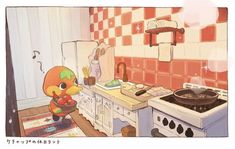 an image of a cartoon character cooking in the kitchen with food on the stove top