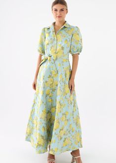 The Charlotte Gown is our best-selling collared gown in a timeless rose jacquard fabric. With its functional covered buttons, tie belt, and cuffed sleeve, this gown will fit and flatter many body types. Crafted in a beautiful yellow and blue jacquard fabric with a rose motif, this dress is perfect to wear for all of yo Yellow Floral Print Dress, Pink Floral Print Dress, Skirt And Top Dress, Floral Cotton Dress, Cuffed Sleeve, Printed Cotton Dress, Pink Floral Dress, Rose Garden, Jacquard Fabric