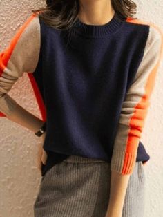 Round Neck Long Sleeve Retro Stripe Sweater Casual Multicolor Workwear Sweater, Casual Orange Tops With Contrast Color, Casual Sweater With Contrast Color, Retro Contrast Color Tops For Fall, Sporty Winter Color Block Sweater, Trendy Navy Sweater For Fall, Sporty Color Block Sweater For Winter, Casual Color Block Sweater For Work, Sporty Multicolor Fall Sweater