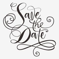 save the date lettering with swirls and curls on it's back, in black ink