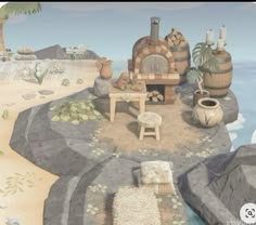 an animated image of a living room with furniture and decor on the rocks in front of it