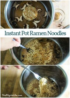 the process of making mushroom soup is shown in three different stages, including being stirred with a spoon