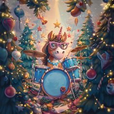 a painting of a unicorn playing the drums in front of christmas trees with lights on