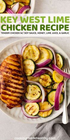 grilled chicken and vegetables on a white plate with text overlay